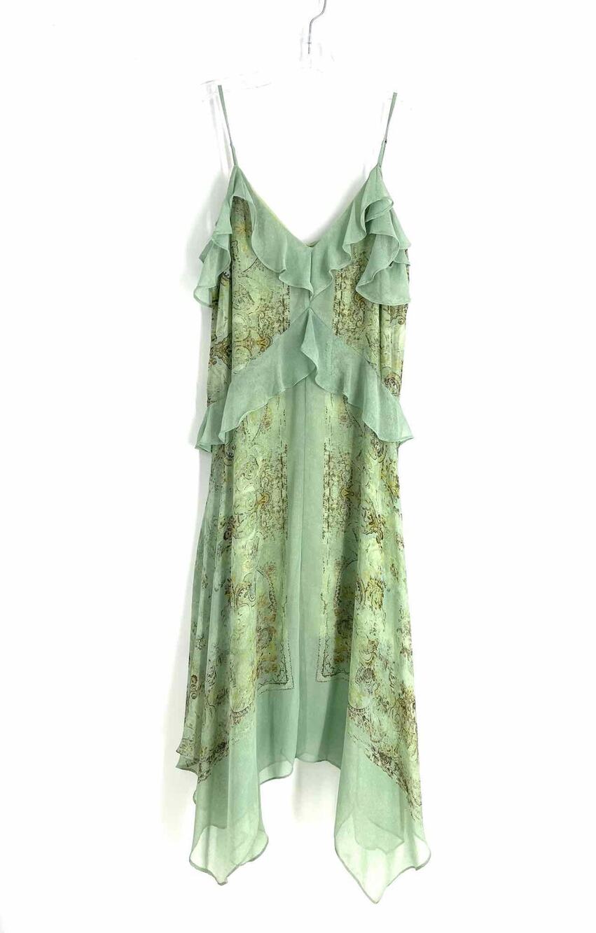 BCBGMaxazria Size XS Gr/Br/Yw Print Ruffle Designer Dress Maxi
